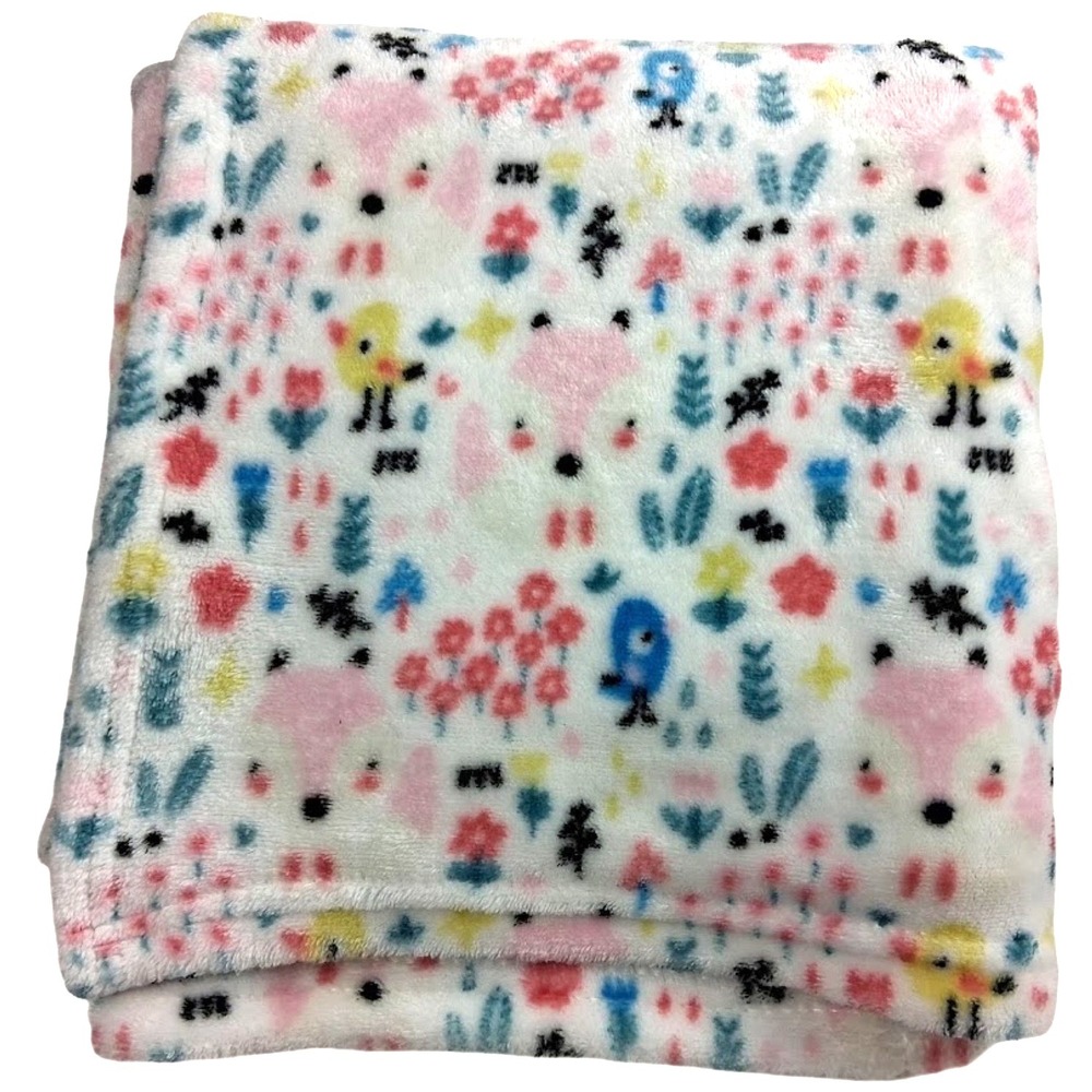 Manhattan Kids Baby Girl White Blanket Fox Chick Bird Flower Fleece Lovey Soft